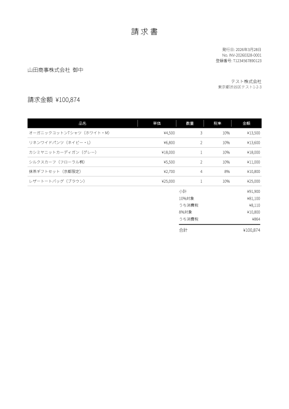 生成された請求書PDF